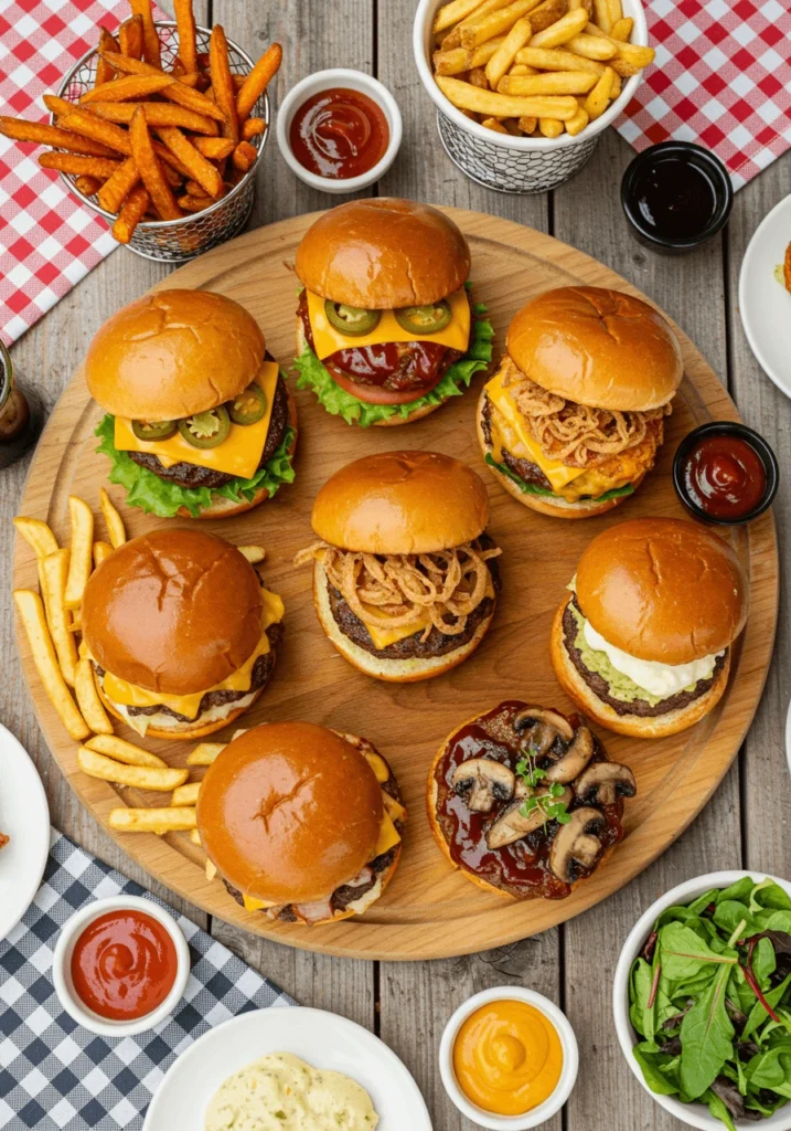 A variety of juicy homemade burgers with melted cheese, fresh toppings, and toasted buns served on a wooden platter.