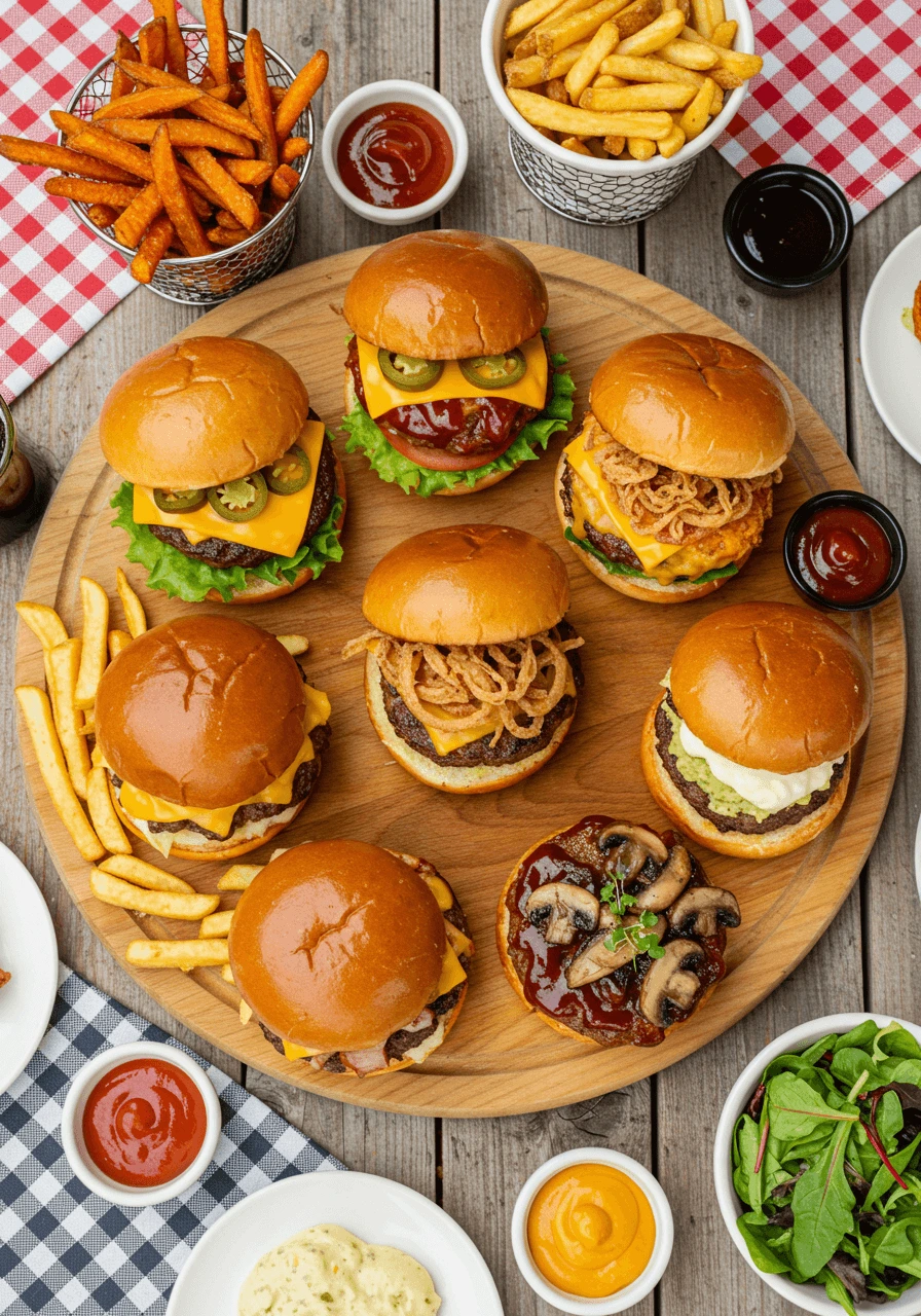 A variety of juicy homemade burgers with melted cheese, fresh toppings, and toasted buns served on a wooden platter.