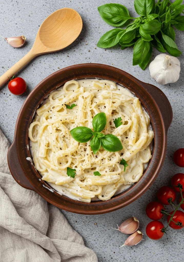 Fresh basil leaves and grated Parmesan sprinkled on pasta