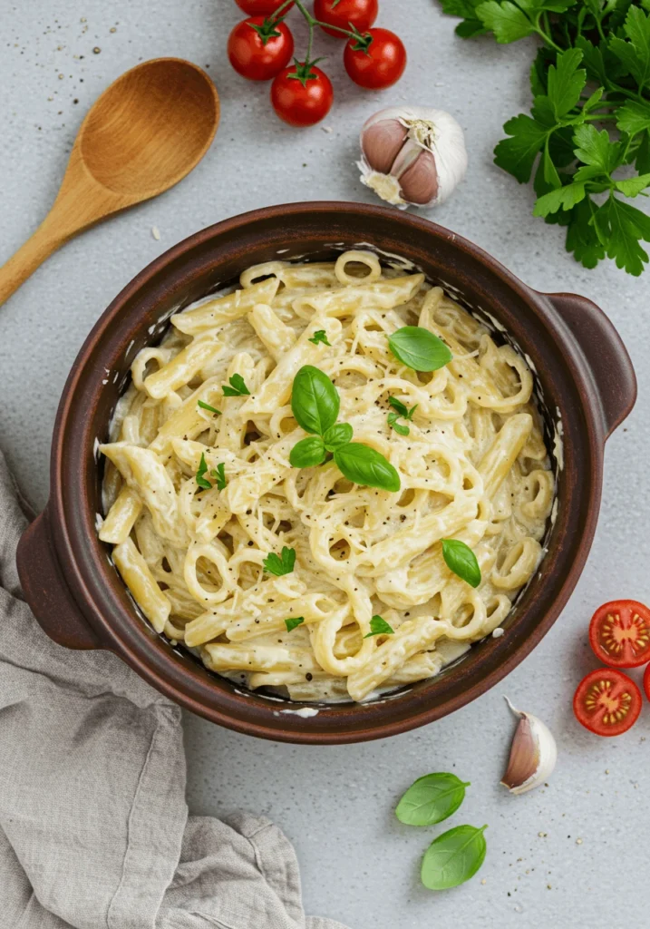 Creamy one pot pasta with Parmesan, garlic, and fresh basil served in a skillet