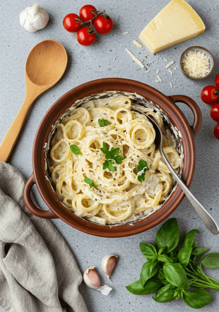 One pot pasta with creamy garlic sauce, Parmesan, and fresh basil in a skillet