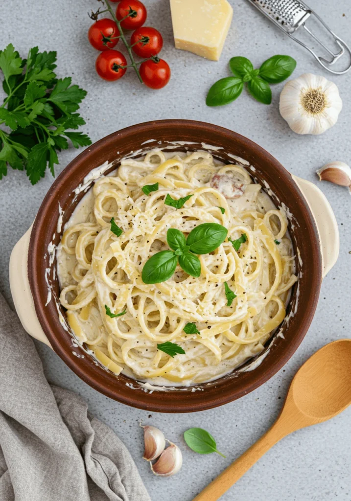Creamy one pot pasta with Parmesan, garlic, and fresh basil in a skillet