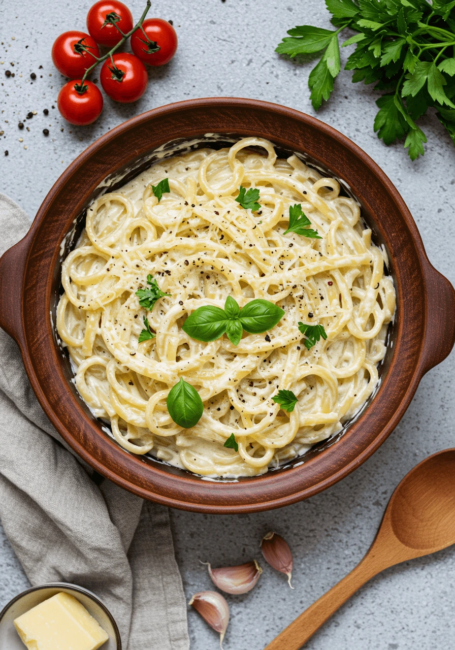 Creamy one pot pasta with garlic, Parmesan, and fresh herbs