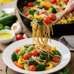 Healthy one pot pasta recipe with vegetables and fresh basil