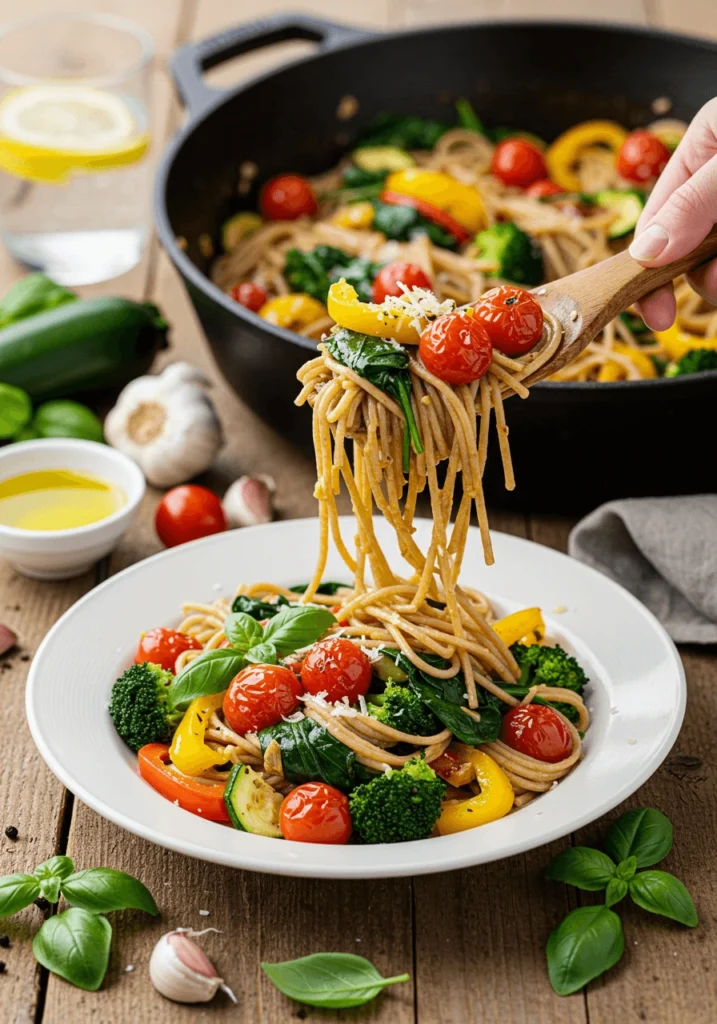 Healthy one pot pasta recipe with vegetables and fresh basil