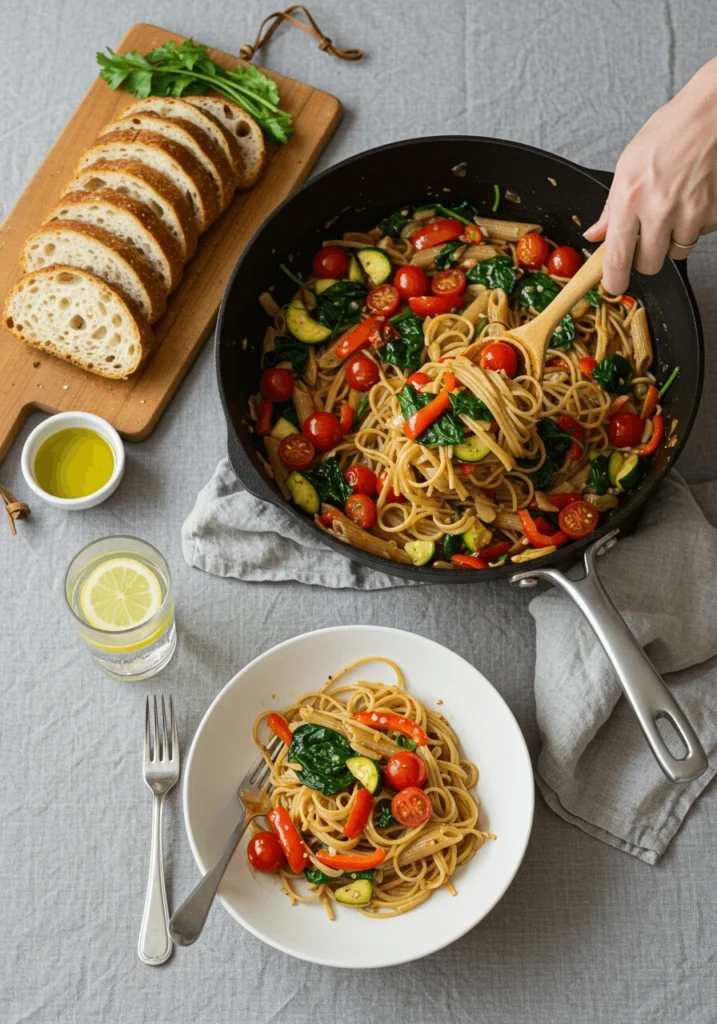 Easy one pot pasta simmering with tomatoes and spinach