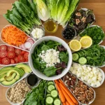Bowl of fresh greens and vegetables featuring essential salad ingredients like spinach, tomatoes, and cucumbers.