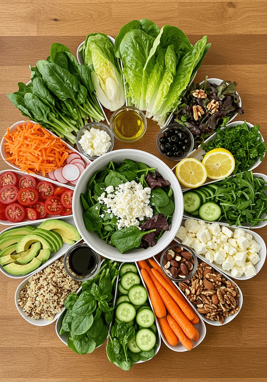 Bowl of fresh greens and vegetables featuring essential salad ingredients like spinach, tomatoes, and cucumbers.