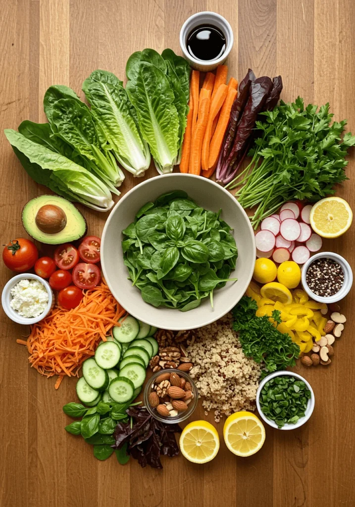 Essential salad ingredients arranged on a cutting board, including romaine lettuce, avocado, and carrots.