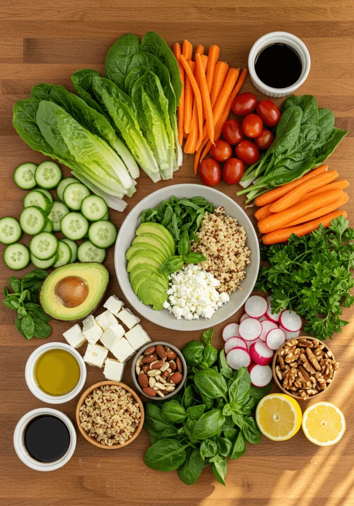 Close-up of spinach, kale, and arugula — nutrient-rich greens used as essential salad ingredients.