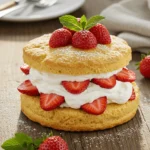 Strawberry shortcake recipe topped with fresh strawberries and whipped cream