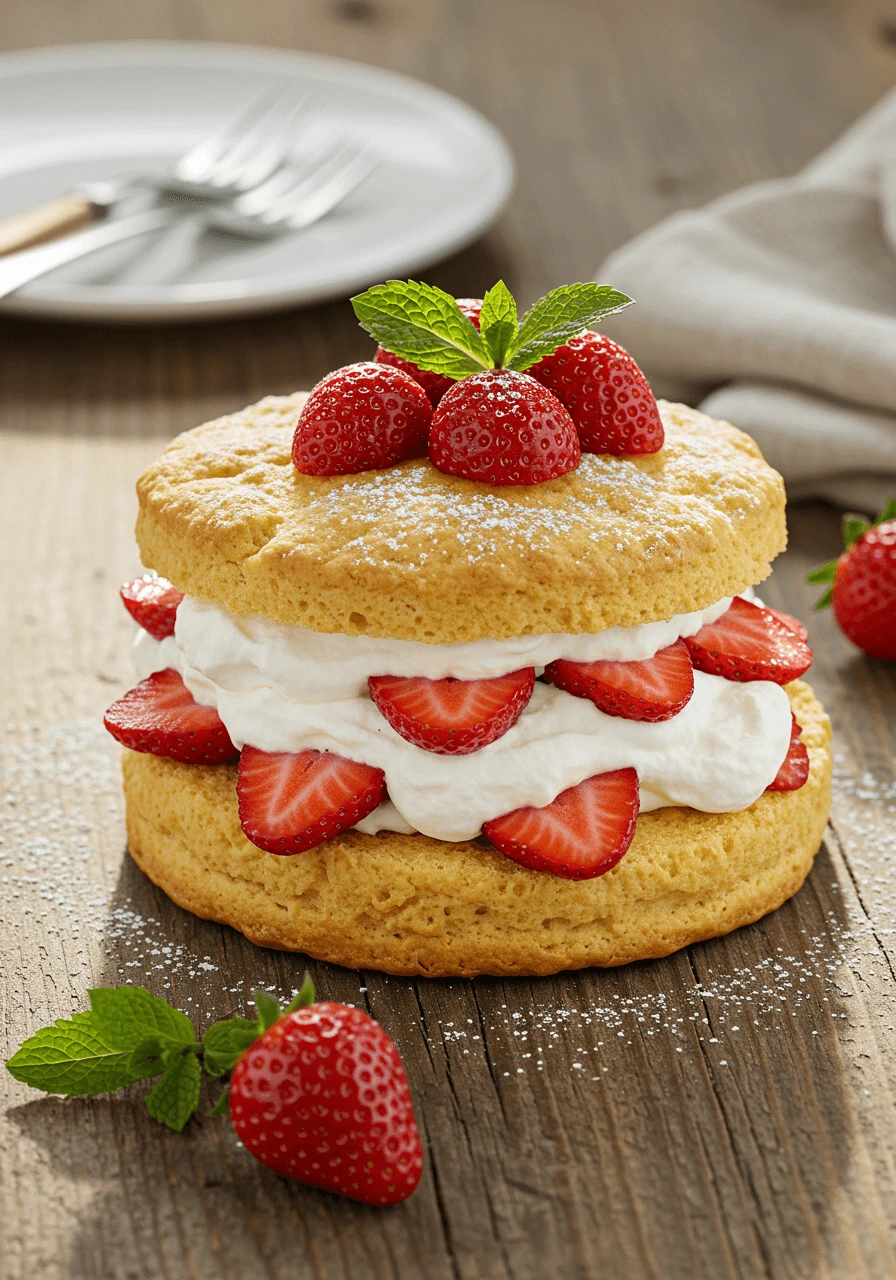 Strawberry shortcake recipe topped with fresh strawberries and whipped cream