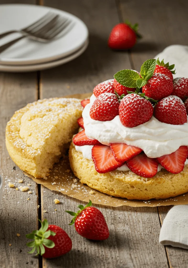 Layering sponge cake, strawberries, and whipped cream