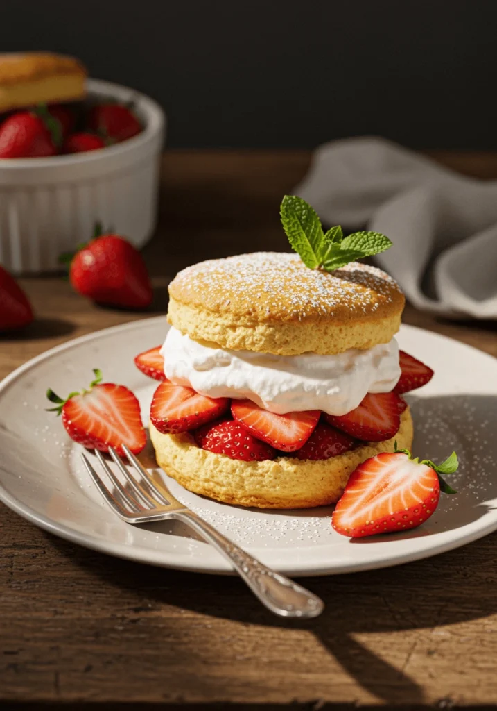 A slice of strawberry shortcake served with whipped cream and berries