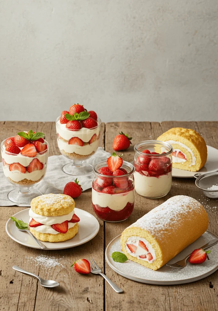 A plate of strawberry shortcake with layers of fresh strawberries, whipped cream, and a golden shortcake base