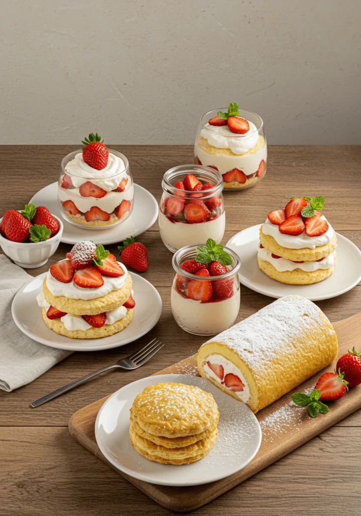 An assortment of strawberry shortcake variations with fresh strawberries, whipped cream, and different cake bases