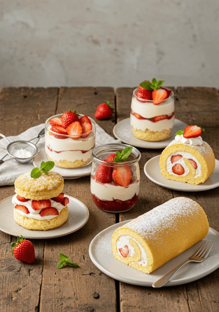 A variety of strawberry shortcakes with fresh strawberries, whipped cream, and different cake bases on serving plates