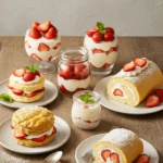 A variety of strawberry shortcake desserts with fresh strawberries, whipped cream, and different cake bases on a rustic table