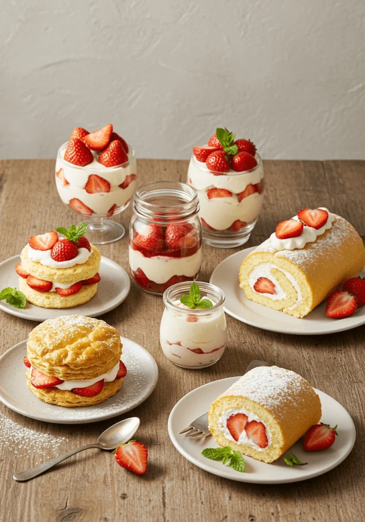 A variety of strawberry shortcake desserts with fresh strawberries, whipped cream, and different cake bases on a rustic table