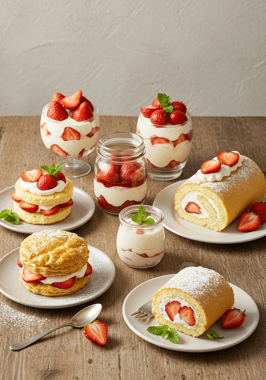 A variety of strawberry shortcake desserts with fresh strawberries, whipped cream, and different cake bases on a rustic table