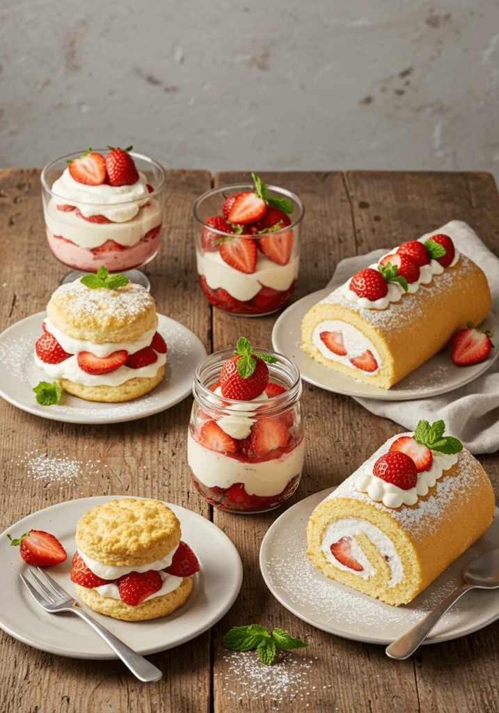A variety of strawberry shortcakes with layers of fresh strawberries, whipped cream, and assorted cake bases on a dessert table