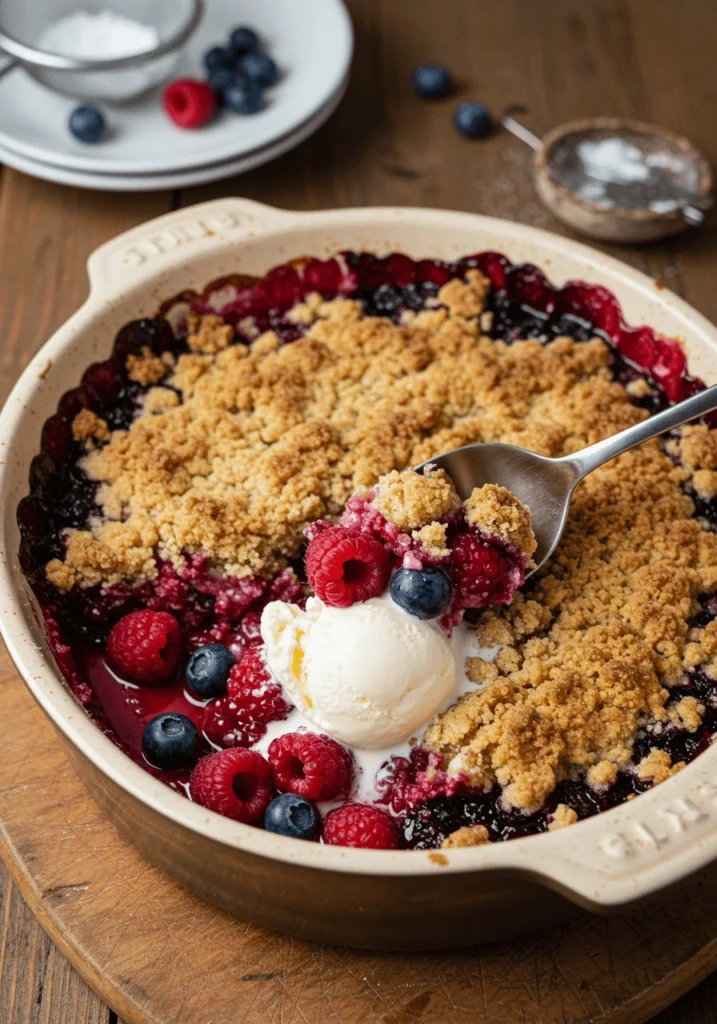 Serving apple crumble with vanilla ice cream