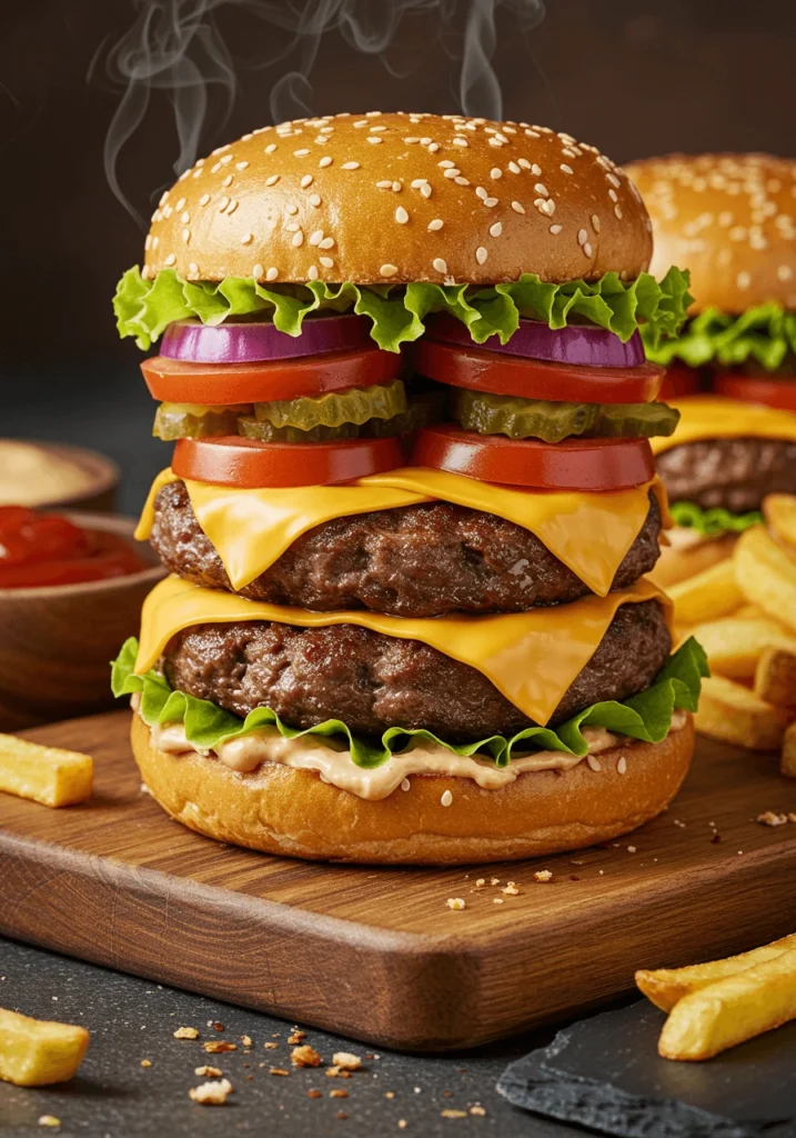 Fresh burger toppings: lettuce, tomato, onions, and cheese