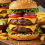 Juicy homemade burgers with melted cheese, lettuce, and tomato