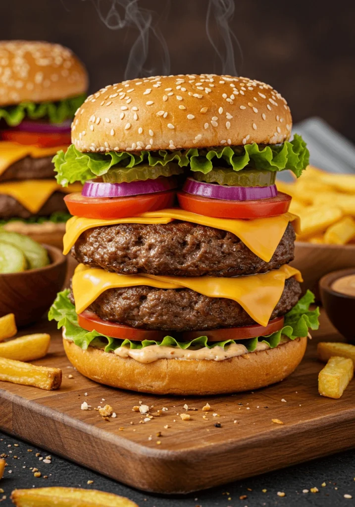 Juicy homemade burgers with melted cheese, lettuce, and tomato