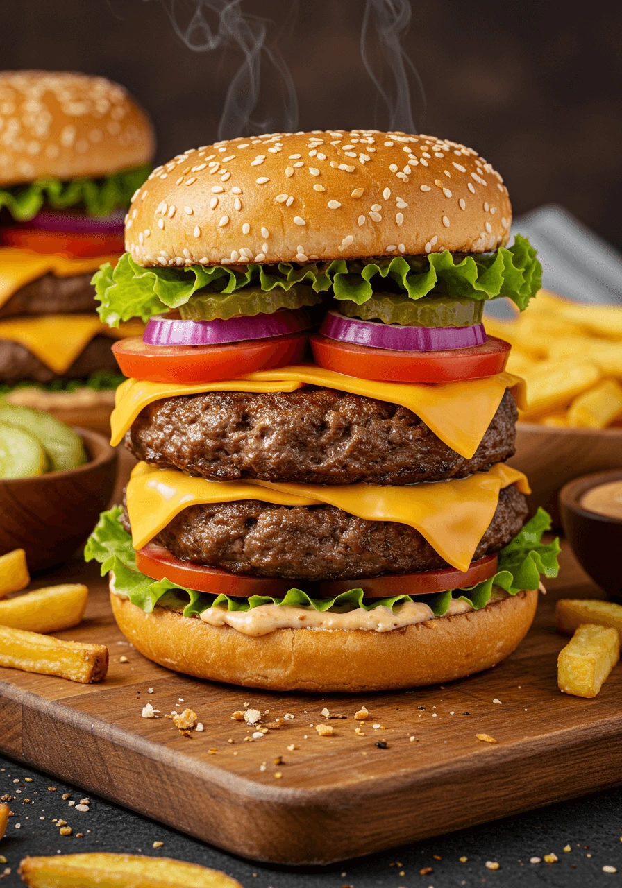 Juicy homemade burgers with melted cheese, lettuce, and tomato
